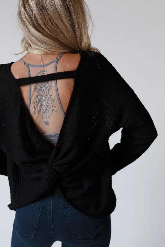 The Nest Flattering Open Back Thermal Knit Top - Black Vintage Knit Top