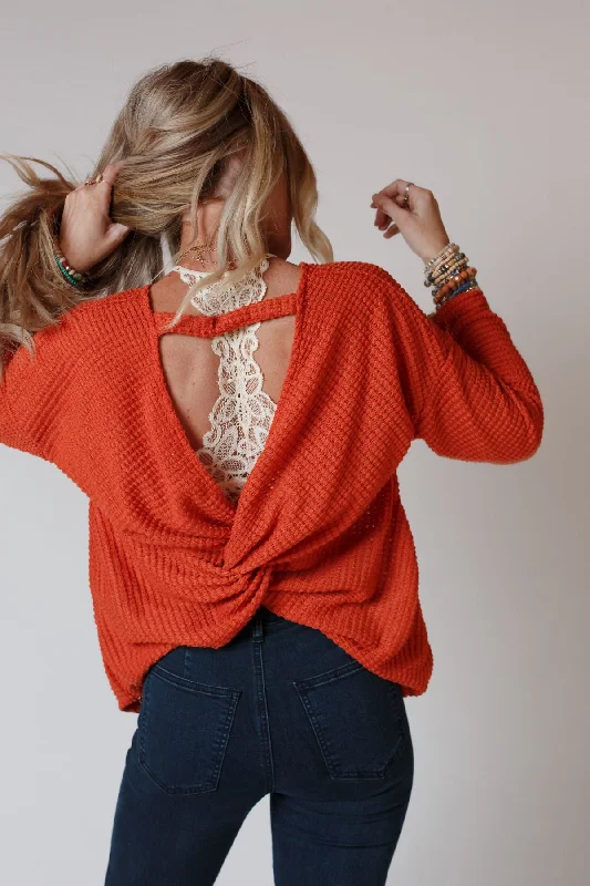 The Nest Flattering Open Back Thermal Knit Top - Rust Retro Knit Shirt