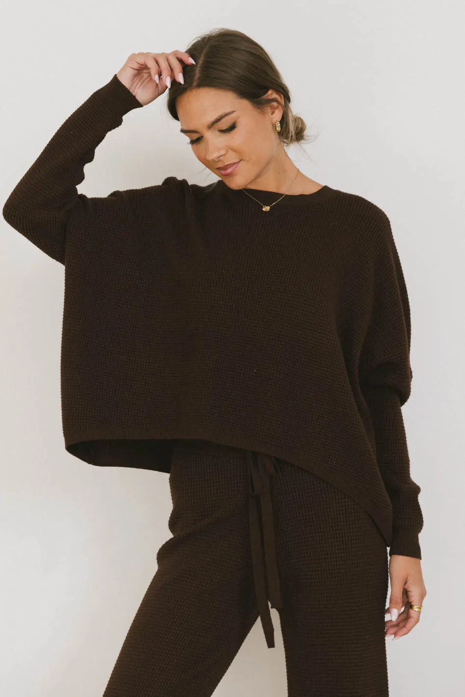 Jesse Waffle Knit Top in Brown Hemp Knit Blouse