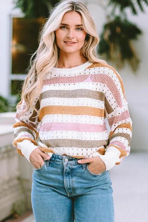 Openwork Striped Knit Top Custom Knit Shirt