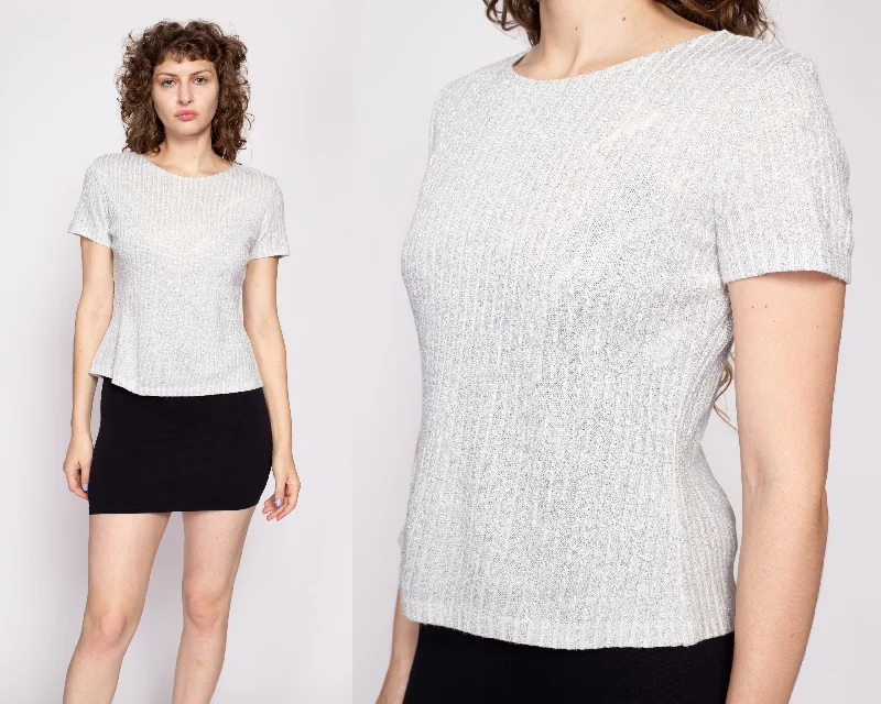 90s Silver Metallic Knit Top - Medium Warm Knit Tee