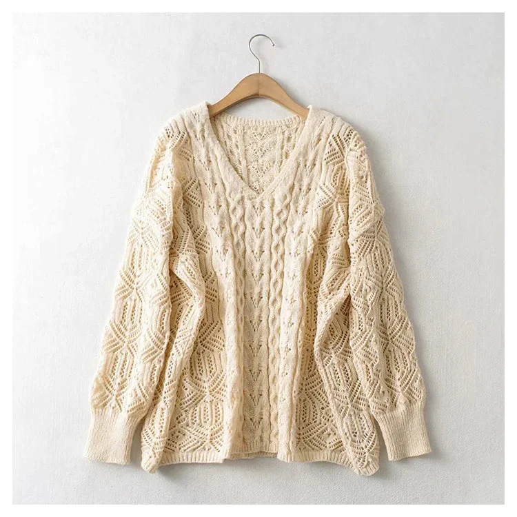 Loose cut-out woven lazy knit top  7370 Long Sleeve Knit Tee