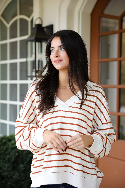 Positively Delightful Brick Striped Knit Top Asymmetrical Knit Blouse