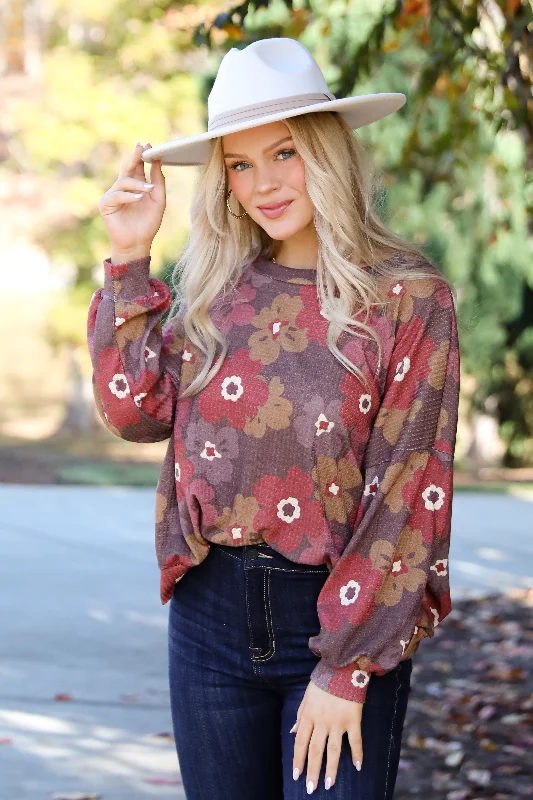 FINAL SALE - Special Sweetness Mocha Floral Waffle Knit Top - DOORBUSTER Soft Knit Shirt
