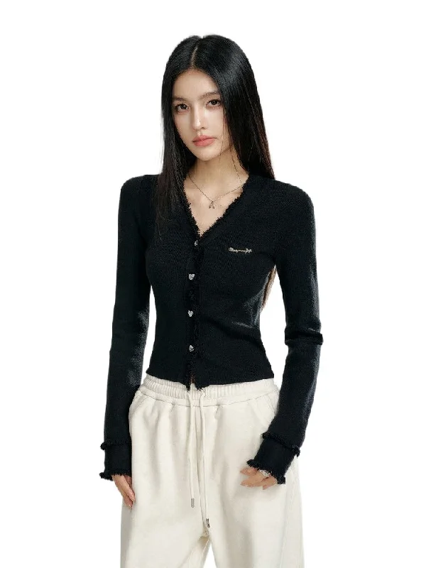 V-neck Frayed Knit Top High Neck Knit Top