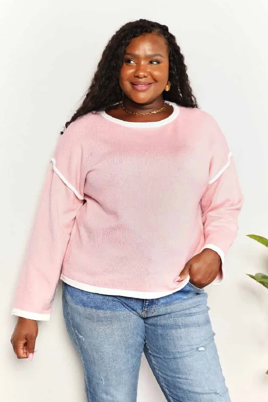 Double Take Contrast Detail Dropped Shoulder Knit Top Polo Neck Knit Top