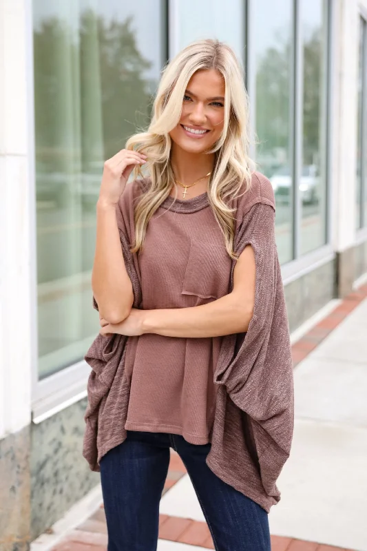 Essential Coziness Brown Oversized Knit Top Solid Color Knit Top