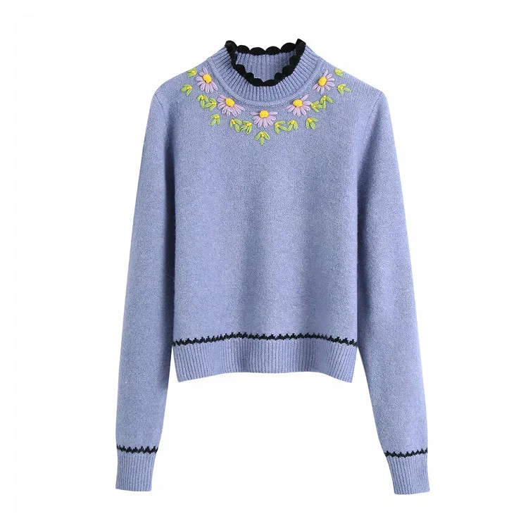 New floral sweet stitching embroidered knit top  7221 Polka Dot Knit Top