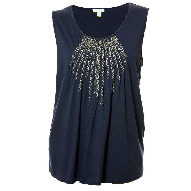 Charter Club Blue Sleeveless Pintuck Embroidered Knit Top Plus Size Mustard Yellow Knit Tee