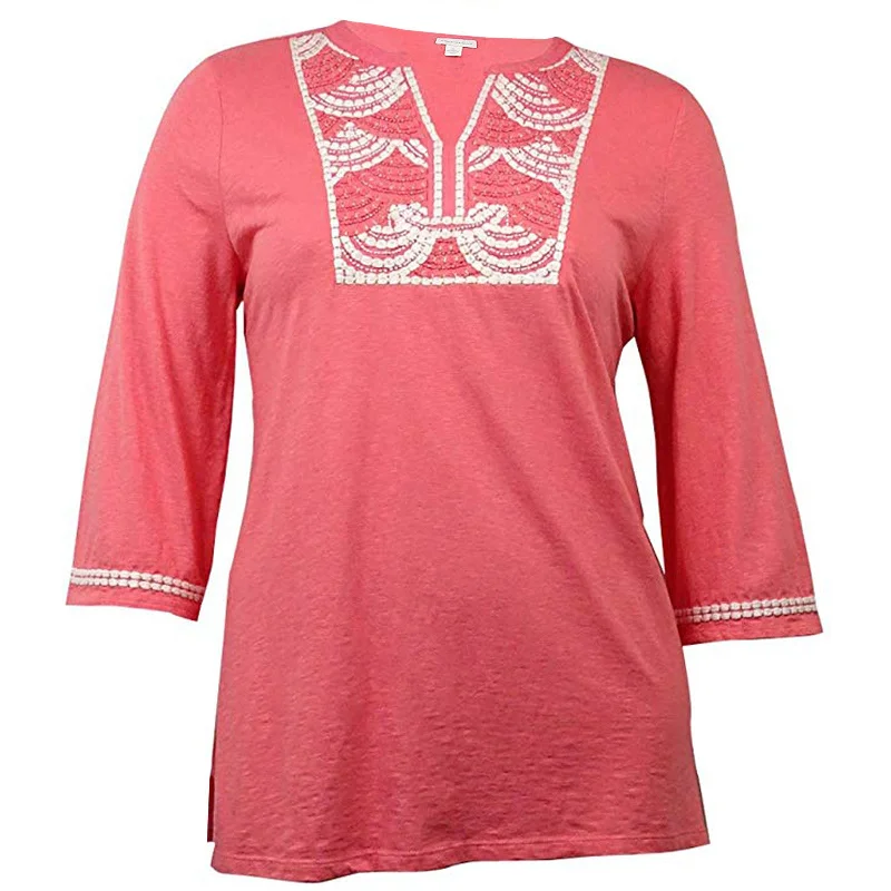 Charter Club Pink 3/4 Sleeve Embroidered & Beaded Knit Top Plus Size Pink Knit Top