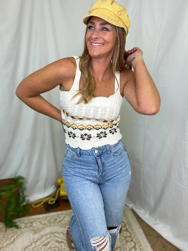 Cream Sleeveless Floral Knit Top Navy Blue Knit Tee