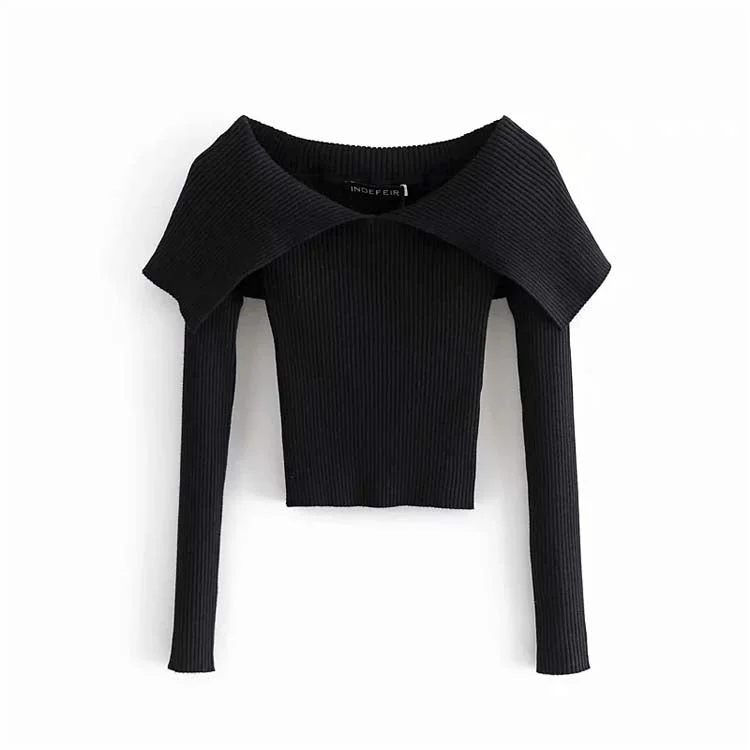 Design sense large lapel off shoulder long sleeve knit top  7151 Royal Blue Knit Top