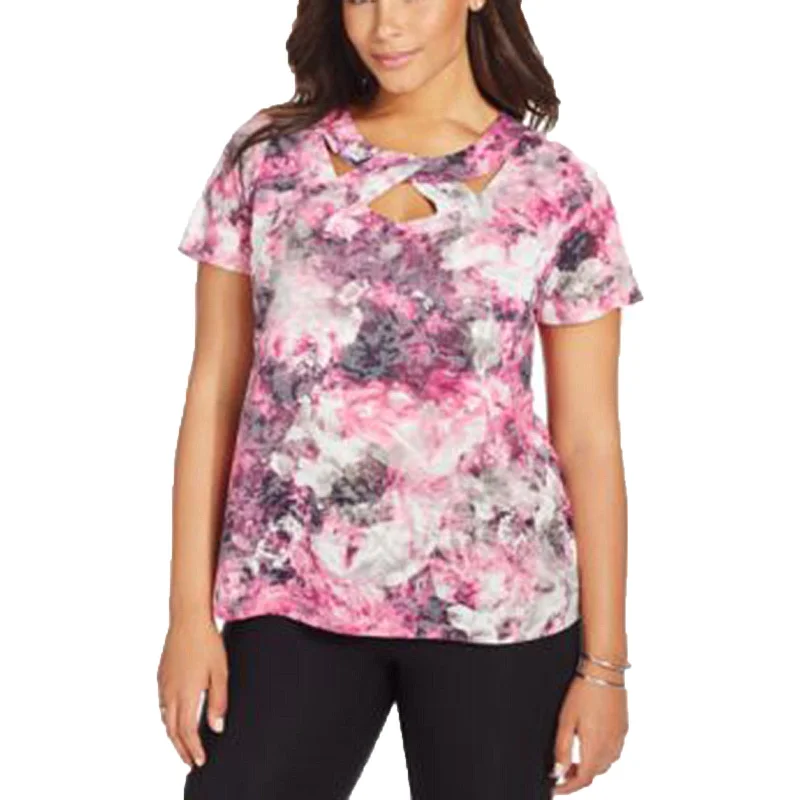 INC Multi Color Floral Print Short Sleeve Cutout Neck Knit Top Plus Size Olive Green Knit Blouse