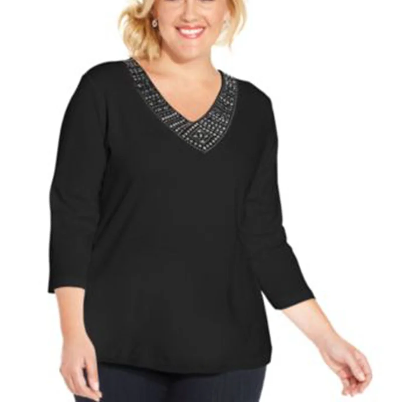 Karen Scott Black 3/4 Sleeve Embellished Knit Top Plus Size Jet Black Knit Tee