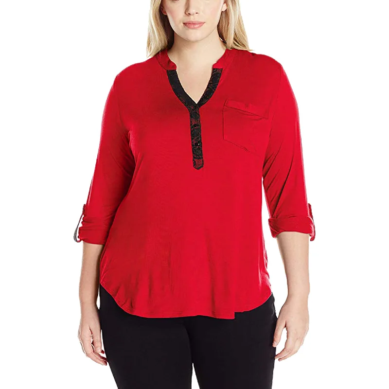 NY Collection Red 3/4 Sleeve Lace Trim High-Low Knit Top Plus Size Lavender Knit Shirt