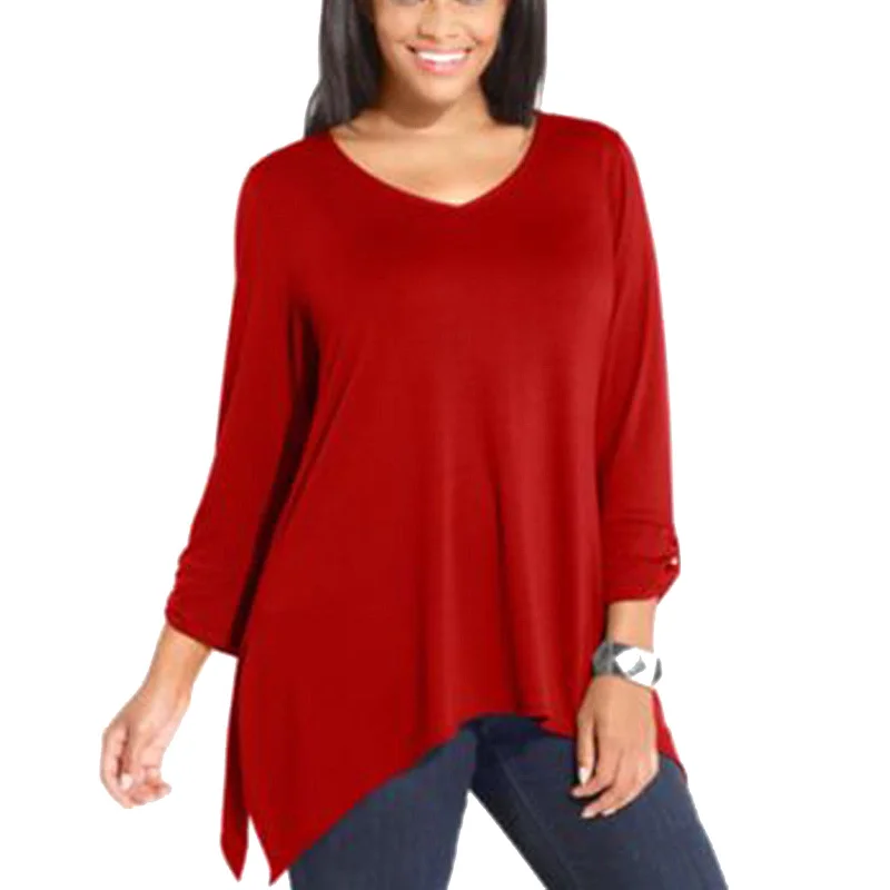 NY Collection Red 3/4 Sleeve Sharkbite Hem Knit Top Plus SIze Ash Gray Knit Top