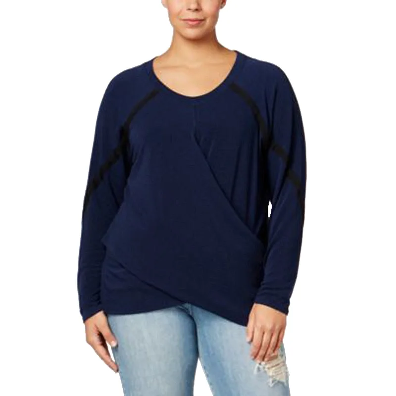 Rachel Roy Blue Long Sleeve Crossover Knit Top Plus Size Sky Blue Knit Tee
