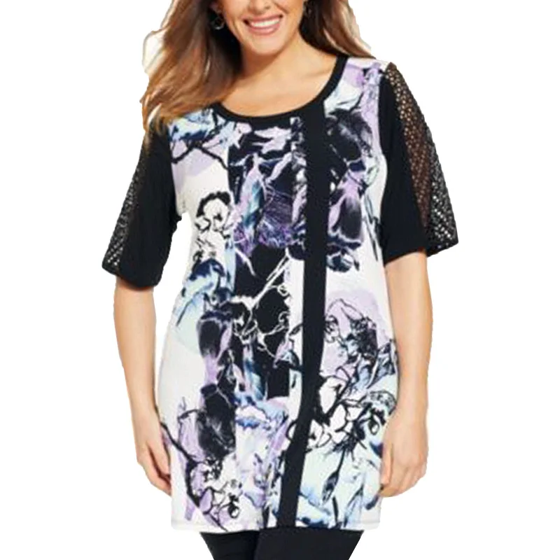 Style & Co Multi Color Floral Print Sheer Sleeve Tunic Length Knit Top Plus Size Burgundy Knit Shirt
