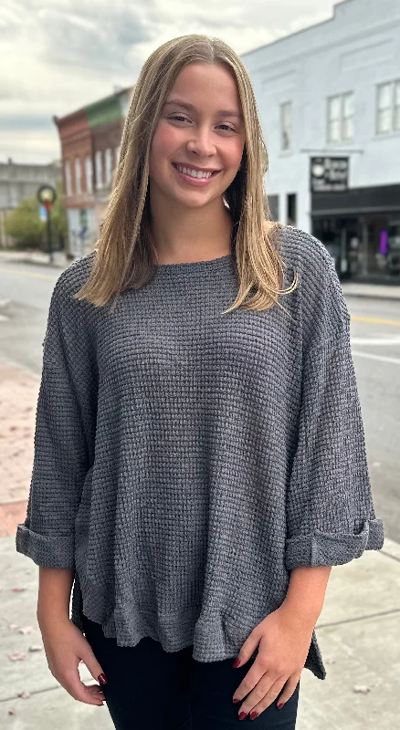 Umgee Waffle Knit Top - Charcoal or Black Mint Green Knit Blouse
