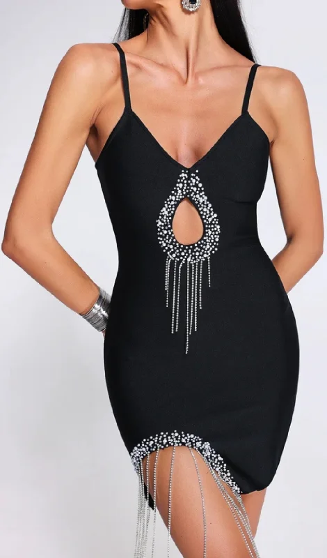 BLACK DIAMOND EMBELLISHED BANDGE MINI DRESS Tunics Polka dots