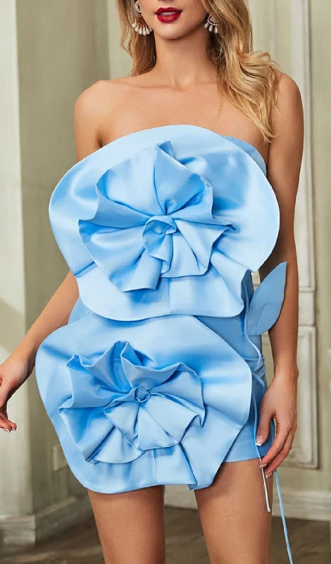 BLUE FLOWER STRAPLESS BIND MINI DRESS Tunics Office stylish