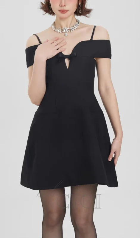 BOW ONE-SHOULDER MINI DRESS IN BLACK Tunics Running lightweight