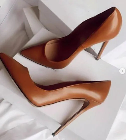 Brown Matte Leather High Hee Shoes 12/10/8cm Thin Heels Dress Shoes Women Pointed Toe Sexy Pumps Tunics Practical durable