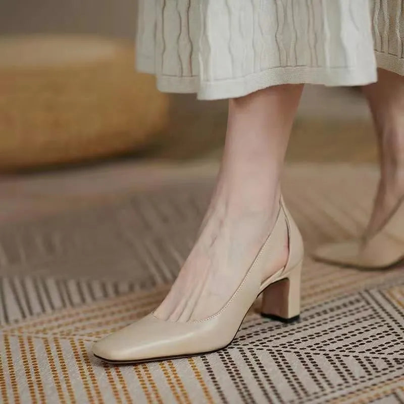 Classic Work Shoes Thick Heel Women's Shoes Hollow Square Toe Retro High Heels Shallow Slip On Female Dress Pumps Heel 6.5cm Tunics Floral girly