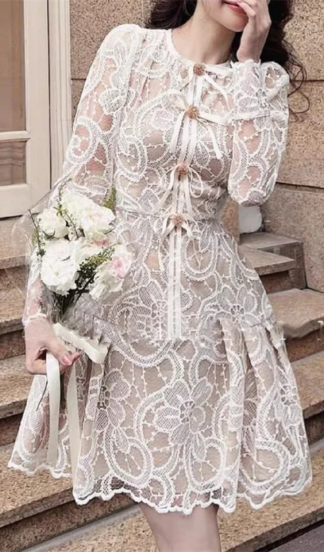 DIAMOND BUTTON BOW LACE HOLLOW OUT MINI DRESS Tunics Versatile all-occasion