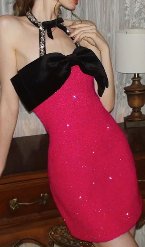 DIAMOND-EMBELLISHED HALTERNECK BACKLESS MINI DRESS IN RED Tunics Top rated