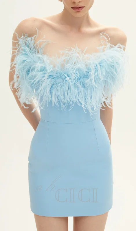 FEATHER MINI DRESS IN ROYAL BLUE Turtleneck Neckline Stylish