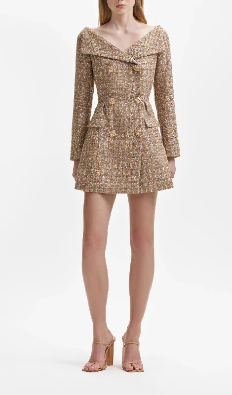 GOLD TINSEL BOUCLE OFF SHOULDER MINI DRESS Tunics Fleece cozy