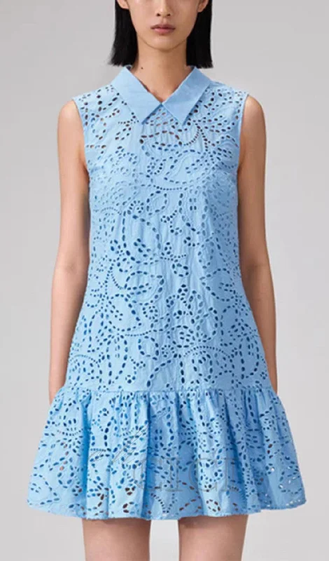LAPEL SLEEVELESS CUTOUT RUFFLED MINI DRESS IN BLUE Tunics Office stylish
