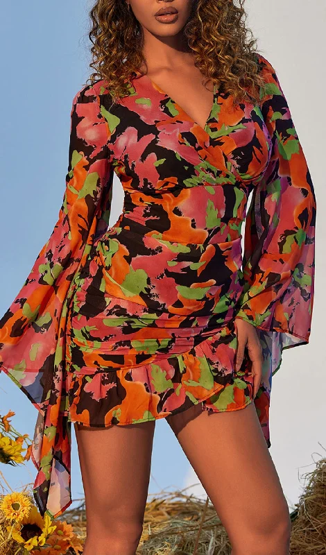 PRINTED RUFFLE MESH DRESS Tunics Fall fleece