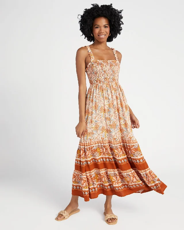 Printed Tiered Maxi Dress with Smocked Bust Crew Neckline Sporty