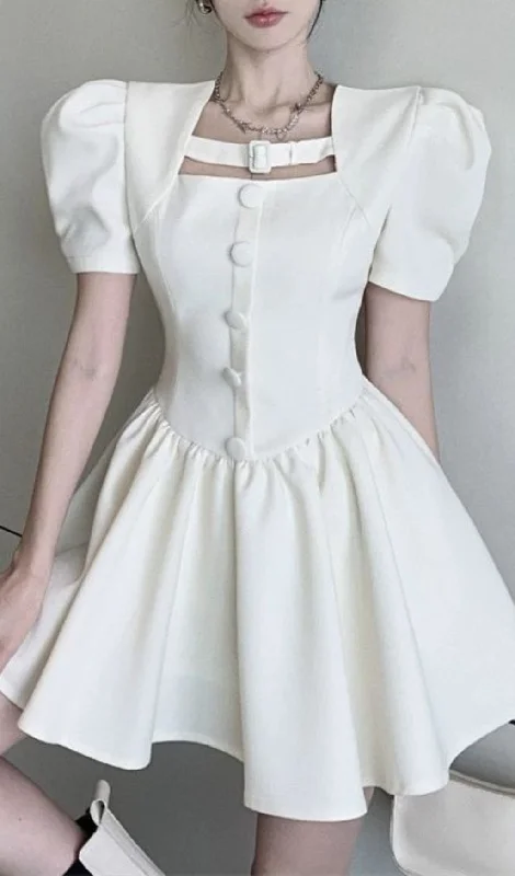 PUFF SLEEVE PLEATED MINI DRESS IN BEIGE Tunics Satin smooth