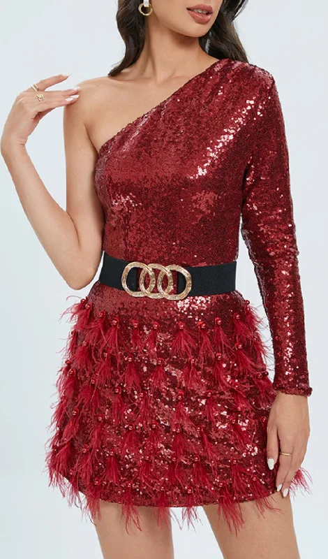 ONE-SHOULDER LONG-SLEEVE MINI DRESS WITH FEATHER SEQUINS Tunics Essential wardrobe