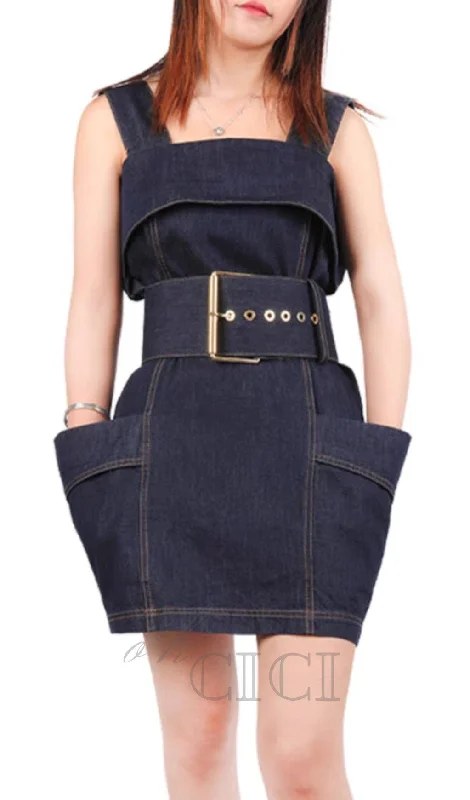 RUFFLED DENIM SUSPENDER DRESS IN BLUE Tunics Trousers formal