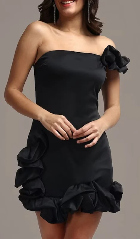 RUFFLED SHEATH MINI DRESS IN BLACK Tunics Silk luxurious