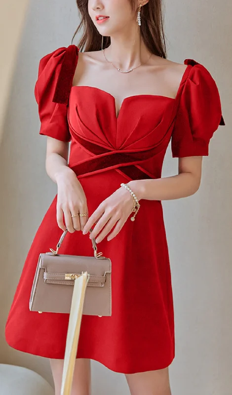 VELVET TIERED PUFF SLEEVE MINI DRESS IN RED Tunics Solid Classic