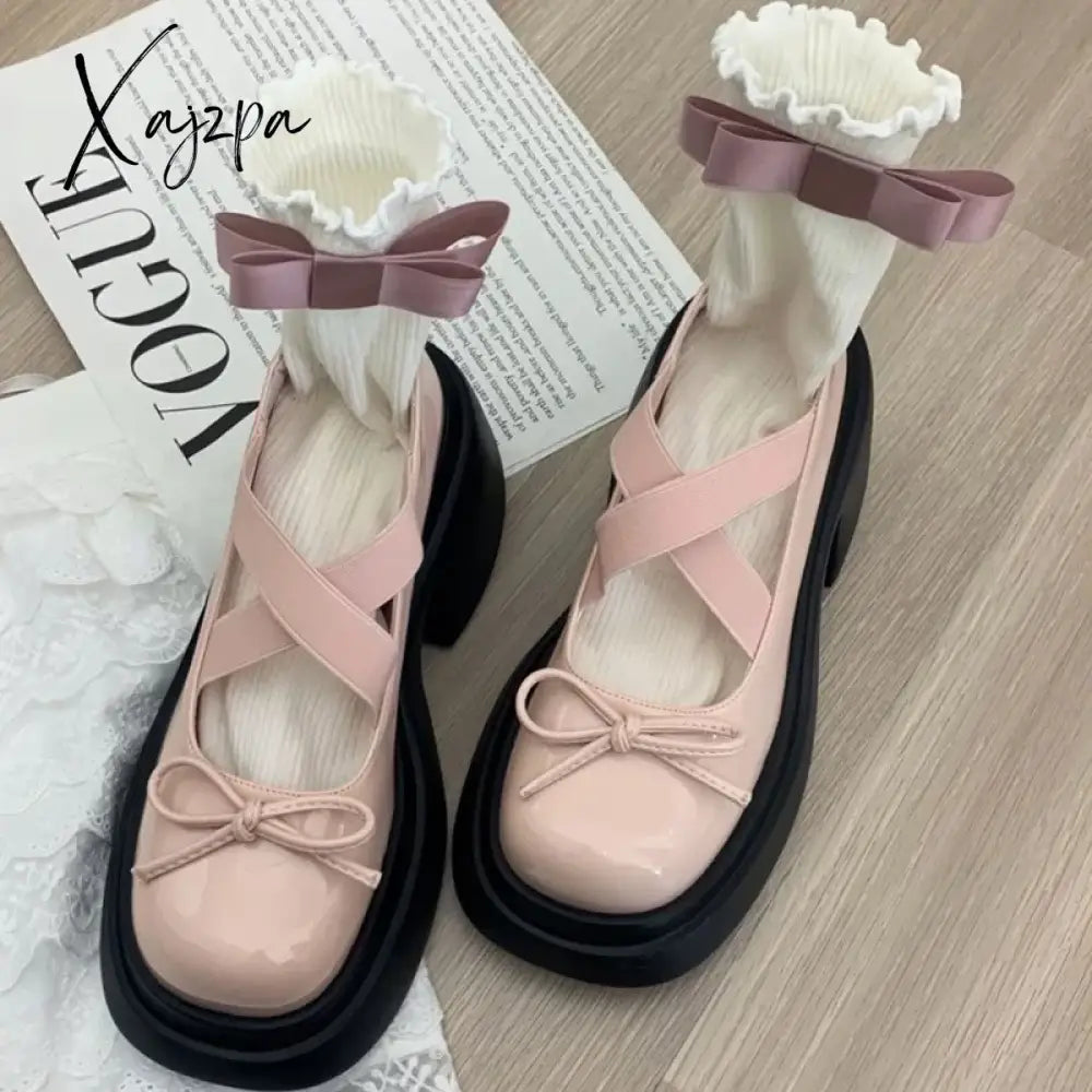 Women Bow Marie Jane Shoes Platform Fashion Mid Heels Sandals Autumn New Pumps Lolita Shoes Dress Casual Chunky Mujer Shoes Tunics Evening elegant